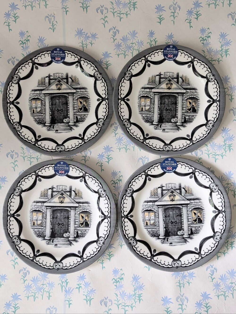 Set of 4 Royal Stafford Halloween Gothic Witch Haunted House Plates NEW Dining